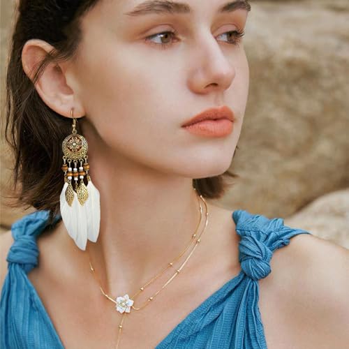 Boho Feather Leaf Dangle Earrings for Women Girls Gold Plated Long Ball Bead Leaf Fringe CZ Enamel Dreamcatcher Statement Charms Drop Dangling Fish Hook Stud Lightweight Antique Bohemian Festival Party Jewelry Gifts2