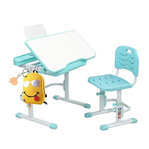 JOYMOR Upgrade Kids Desk and Chair Set, Easy Height Adjustment Children Study Table and Chair Set with Tilted Desktop, School Students Workstation for Studying, Reading and Drawing (Blue-Green)