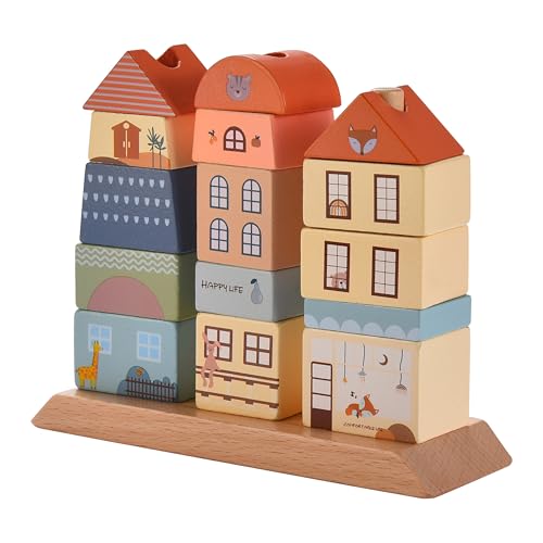 Image of Childlike Behavior Wooden Building Blocks Set of 15 for Toddlers - Montessori - Beech Wood Stacking Blocks for Baby - Preschool Educational Cognition and Coordination Learning Toys - Construction Unit