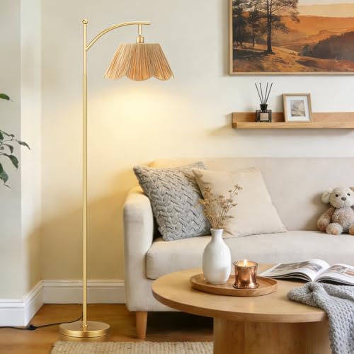Image of Ambimall 60 inch Floor Lamps for Living Room with 3 Color Temperatures, Gold Floor Lamp with Rattan Shade, Modern Tall Lamps for Bedroom Office, 9W LED Bulb Included