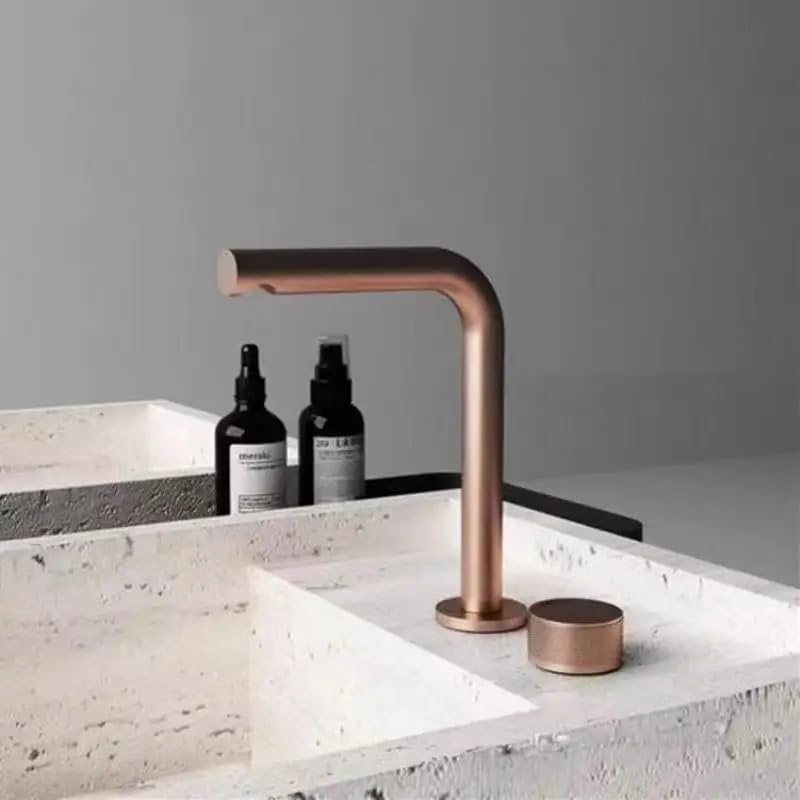 Brushed Rose Gold Widespread Basin Faucet, Rotating Spout Single-Lever Two-Hole Deck-Mounted Tap(Black short)