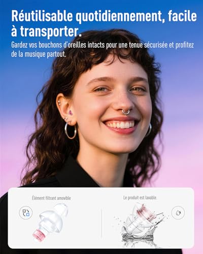 Hearprotek Bouchons d’Oreilles Concert 20 dB, Haute Fidélité Protection Auditive Musique, Bouchons d’Oreilles pour Festivals, DJ & Musiciens, Réduction du Bruit Réutilisables (Rose) – vue 5