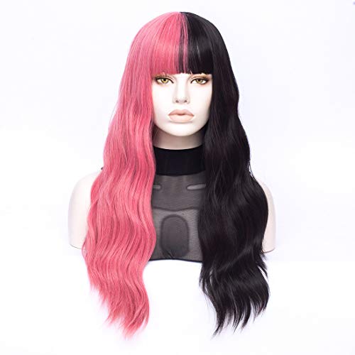 MORTICIA Long Loose Wavy Half Pink and Half Black Full Bang Wig