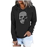 TRIGLICOLEUM Damen Kapuzenpullover Warm Plüsch Sweatshirt mit Kapuze Heißer Bohrer Totenkopf Muster Hoodie Halloween Oberteile Känguru-Tasche Kapuzenpulli Herbst Winter Pullover Langarm Jumper Tops