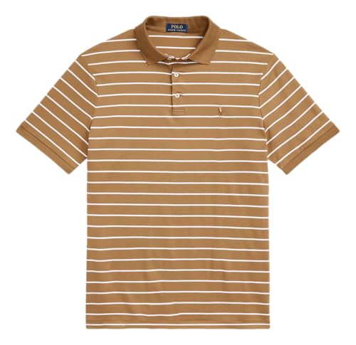 POLO RALPH LAUREN Men's Interlock Striped Cotton Classic Fit Polo Shirt (Tan/White, L)