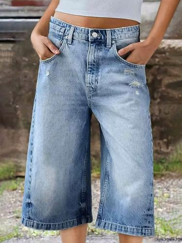 Flamingals Women's Ripped Mid Waist Straight Leg Capri Jeans4