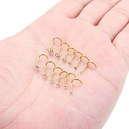 Ruifan 12Pcs 18G 316L Surgical Steel 1.5Mm 2Mm 2.5Mm 3Mm 3.5Mm 4Mm Clear Round Diamond Cubic Zirconia Crystal Nose Screw Studs Rings Piercing Jewelry - Gold #TOP2