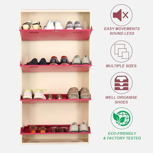 Image of Metal Shoe Rack Wall Mounted for Home with Central Locking 4 Door 28 inch Wall Mounted Metal 12 Pair Shoe Rack Cabinet Pre-Assembled Rack Shelves 3 Year Warranty (Pink & Ivory)