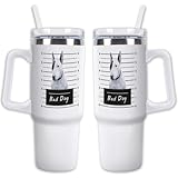 GABSHAIM Custom White Tumbler Dog Travel Mug with Handle & Straw Lid Double-layer Insulation Double Sided Printed Travel Coffee Cup Bull Terrier Pattern Design 40 oz Style 2