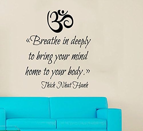 Wall Decals Vinyl Decal Sticker Home Interior Design Art Mural Om Sign Quote Breathe in Deeply to Bring Your Mind Home to Your Body Indian Amulet Bedroom Living Room Gym Yoga Studio Nursery Kids Room Decor KT83