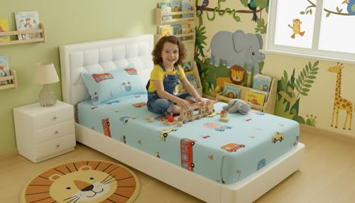 Image of Filymore Kids Single Bed Sheet Set - Cartoon Bus Theme, 240 TC Soft Microfiber, Includes 1 Pillow Cover, Single Bed Bedspread (90x60 in), Sky Blue and Red Colour