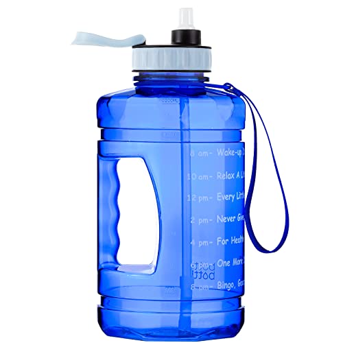BOTTLEBOTTLE Half Gallon Water Bottle with Time Marker 64oz Water Jug Straw Wide Mouth and Handle Leakproof for Gym Outdoor Sports Large Capacity Daily Water Bottles Dark Blue