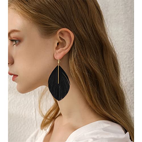 Wuweijiajia Bohemian Handmade Lightweight Color Large Genuine Soft Leather Fringe Feather Leaf Tear Dangle Drop Earrings For Women Girls Statement Jewelry Gifts (Black) #TOP4