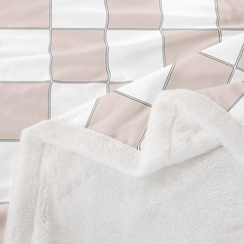 Image of Erosebridal Light Pink Checkered Sherpa Blanket Throw 50 inchX60 inch White Cream Checkerboard Fleece Bed Blanket,Buffalo Plaid Grid Throw Blanket For Kids Girls Teen Aesthetic Geometric Gingham Fuzzy Blanket