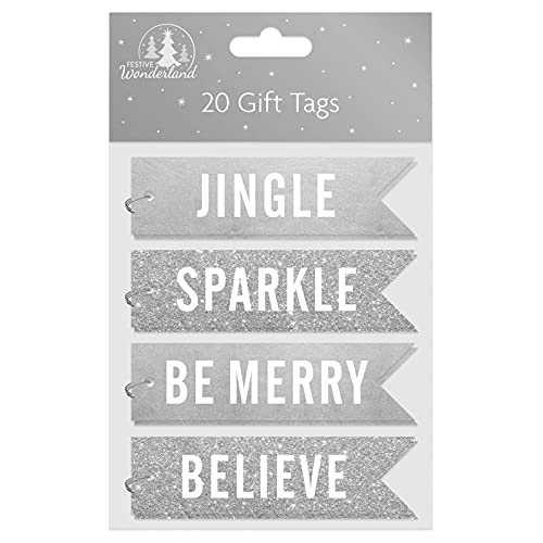Tallon Festive Wonderland Flag-Shaped Christmas Tags, Silver Text - Pack of 20
