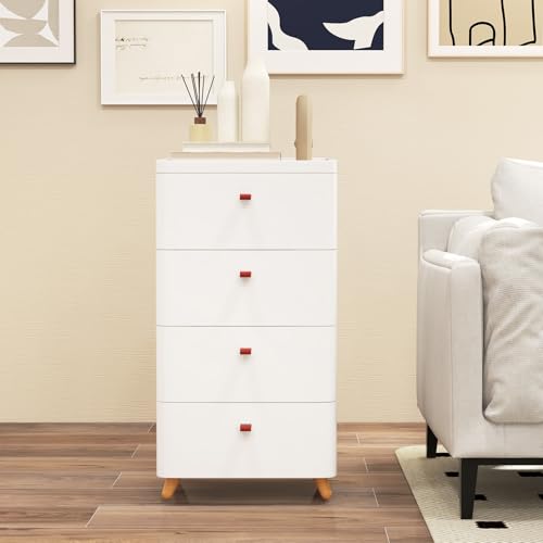 COSTWAY Chest of Drawers, 4-Drawer Dresser Storage Cabinet with Bamboo Top, Solid Wood Legs Freestanding Narrow Chest Cupboard Organiser Unit for Bedroom, Living Room, Closet and Hallway, White - Image 8
