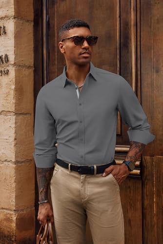 PJ PAUL JONES Untucked Shirts for Men Long Sleeve Casual Dress Shirt Wrinkle Free Button Down Shirt Light Gray L — view 2