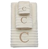 COTTON CRAFT Monogrammed 3 Piece Towel Set - 100% Cotton - Plush 600 GSM Sculpted Ribbed Super Zero Twist Bathroom Set - 1 Each of Bath, Hand, and Wash Towels - Soft Absorbent Luxury - Ivory C