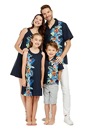 Image of Matchable Family Hawaiian Luau Men Women Girl Boy Clothes in Orchid Paradise Navy