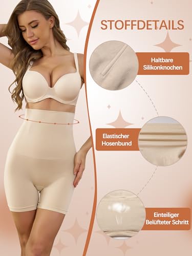 Auffortria Shapewear Damen Bauchweg Unterhose Hohe Taille Miederhose Figurformend Bauchkontrolle Oberschenkel Stark Formende Unterwäsche Miederpant (Large, Beige)