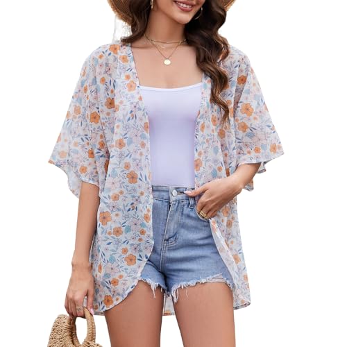 Zando 2025 Beach Orange Floral Kimono Cover Up for Women Summer Hawaiian Shirts Holiday Style Coverups Resortwear Lightweight Sheer Open Front Cardigan Casual Daily Outfit Loose Capes X-Large