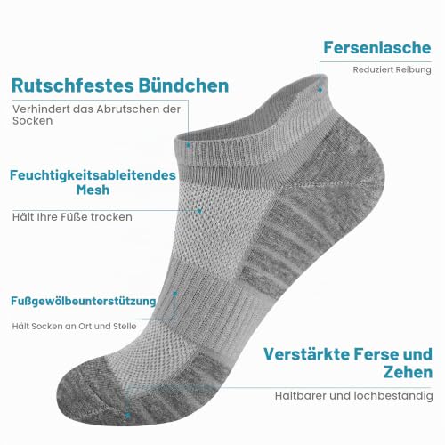 Foto von HIYATO 10 Paar Sneaker Socken Herren Damen, Atmungsaktive Sportsocken, Baumwolle Laufsocken Kurz (43-46, 10x Grau)