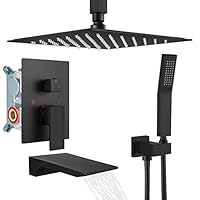 gotonovo Rain Mixer Shower Faucet Set Combo with Waterfall Tub Spout Rain Shower System Ceiling Mount Rainfall Shower Head with Handheld Spray Rough-in Valve and Trim Included Matte Black 12''