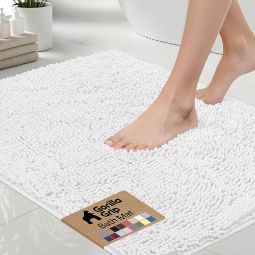 GORILLA GRIP Bath Rug Mat 30x20, Thick Soft Absorbent Chenille, Quick Dry Microfiber Mats, Rubber Backing Washable Shower Floor Rugs, US Designed Bathroom Bathmat Home Decor Accessories, White