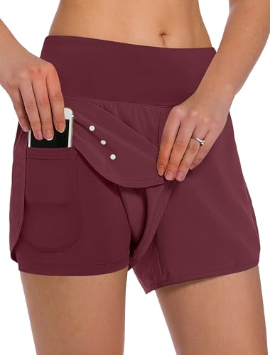 Ksmien Women's 2 in 1 Running Shorts - Lightweight Athletic Workout Gym Yoga Shorts Liner with Phone Pockets