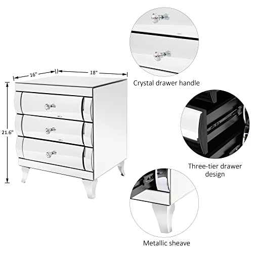 Enene Mirrored Nightstand With 3 Drawer Glass Bedside Table Chest Of Drawers For Bedroom Small Spaces End Table For Living Room Fashion Bedroom Furniture Silver (18"X 16.5"X 21.65") #TOP4