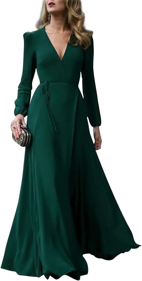 Womens Elegant V Neck Long Dress Long Sleeve Party Wedding Maxi Dress For Special Occasions (M, Green)