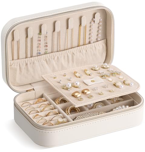 Lolalet Schmuckkästchen Reise Schmuck-Reiseetui Schmuck organizer Tragbarer Schmuckorganisator mit Aufbewahrungsbeutel für Ohrringe Halsketten Armbänder Ringe -Mittel Beige