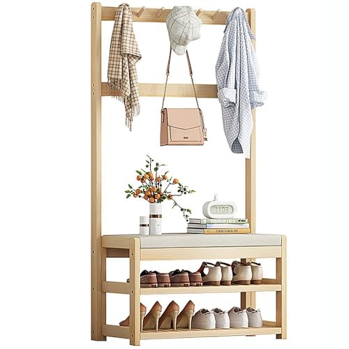 Perchero de madera – Perchero de pie para colgar ropa con banco de zapatos y 10 ganchos – Perchero para dormitorio, oficina en casa, uso en interiores