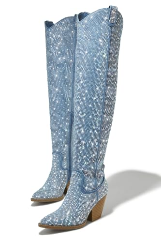 Atuelang Women's Rhinestone Cowboy Boots Sparkly Knee High Boots Fashion Pointed Toe Block Heel Mid Calf Cowgirl Short Ankle Booties2