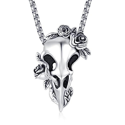 Collier corbeau viking argent 925 pendentif crâne d'oiseau pour look rock et motard