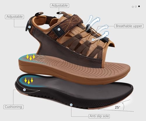 ONCAI Men Hiking Sandals, Arch Support Walking Sandals for Mens 2025 with Orthotic Outdoor Footbed for Plantar Fasciitis, Hombre Sandalias Recovery Sport Sandals Khaki/Brown Size 11.5 by ONCAI - Used condition - Image 5