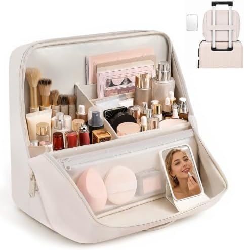 Travel Makeup Bag Standing Folding Leather Cosmetic Organizer with Handle