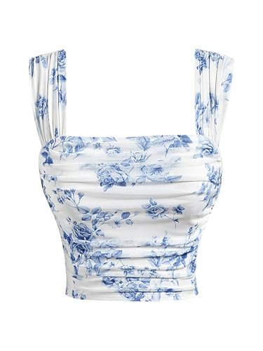 SOLY HUX Women's Floral Print Tank Tops Square Neck Sleeveless Going Out Tops Double Lined Summer Crop Tank Tops