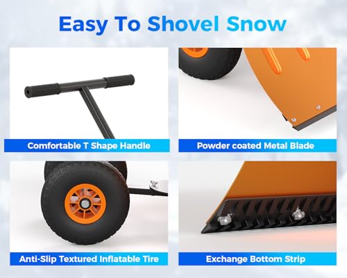 Joankaren Snow Shovel with Wheels, Heavy Duty Metal Snow Pusher with 29x20 in Wide Blade & 5 Level Adjustable Handle, Wheeled Removal Tool for Driveway Sidewalk Yard(Orange by JoanKaren - Image 6