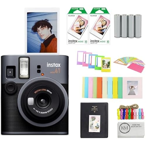 Fujifilm Instax Mini 41 Instant Camera Bundle with Instax Mini Film | 20 Exposures + 4 Pack AA Batteries + Album, Borders, Stickers & Clips + Cleaning Cloth (5 Items)
