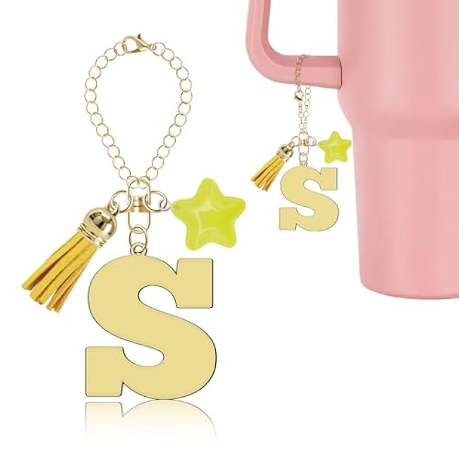 Gold Letter Charm for Stanley Cup Accessories, Cute Star Tassel Keychain Handle Charm, Monogram Water Bottle Chain