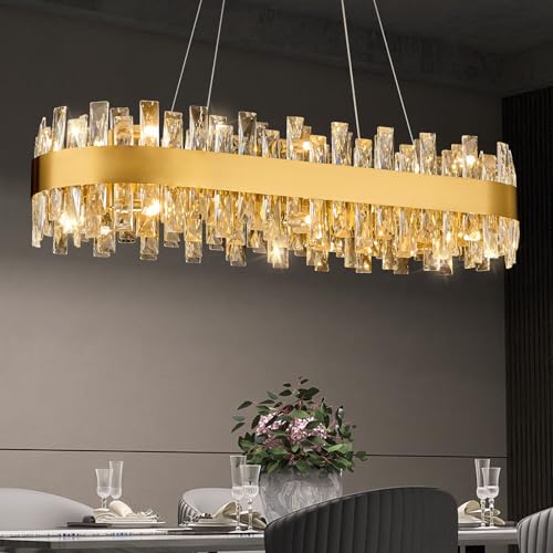 Image of AioTio Modern Crystal Chandelier, L35.4'' Rectangle Brass Gold Kitchen Chandeliers Over Table, Crystal Raindrop Industrial Farmhouse Chandelier for Dining Room, Living Room, Kitchen Island,Bathroom
