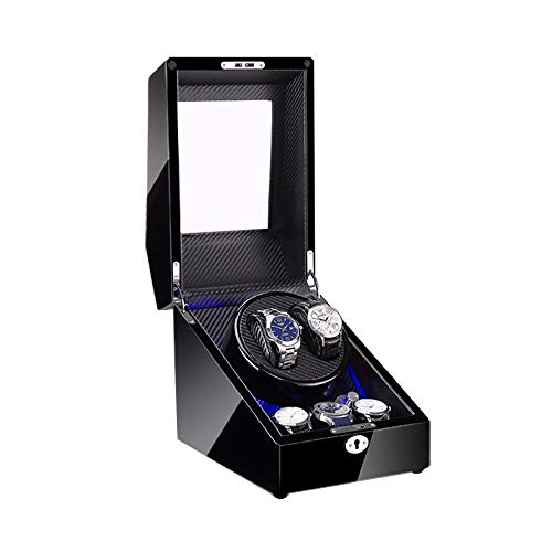 2+3 Caja de bobinador de Reloj automático con luz LED, Carcasa de Madera y Cuero de Fibra de Carbono, Motor silencioso, 4 Modos de rotación de Modelos de Reloj para Relojes automáticos