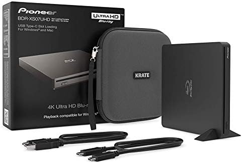 Pioneer BDR-XS07UHD 4K Blu-Ray Portable Burner & DVD Player - 6X Slim External BDXL, BD, DVD & CD Drive for Windows & Mac w/ 3.0 USB, CD Player, Write & Read on Laptop or Desktop w/ Carry Case (Black)
