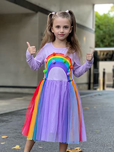 Girls Dress Long Sleeve Girl Rainbow Birthday Tulle Dresses Fall Winter Outfit 3-7 Years2