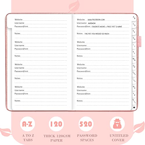 ZICPERY Password Book with Alphabetical Tabs - Premium Leatherette Hardcover Internet Password Keeper Logbook - Untitled Medium Size Password Notebook & Organizer for Home or Office (Rose Gold)