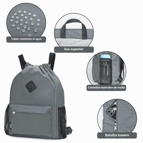 Miniatura 7 de Wandf Mochila Con Cordón, Bolsa De Deporte Con Compartimento Para Zapatos, Mochila De Cincha Resistente Al Agua Para Hombres Y Mujeres Gris