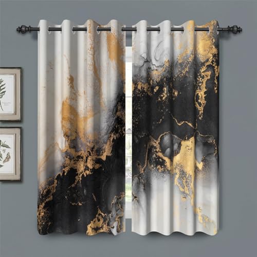 Baocicco Black Grey and Gold Marble Blackout Curtains for Bedroom Living Room Modern Luxury Design Gray and Gold Darkening Grommet Window Drapes Abstract Art Black Gold Curtains 2 Panels 21x45 Inch