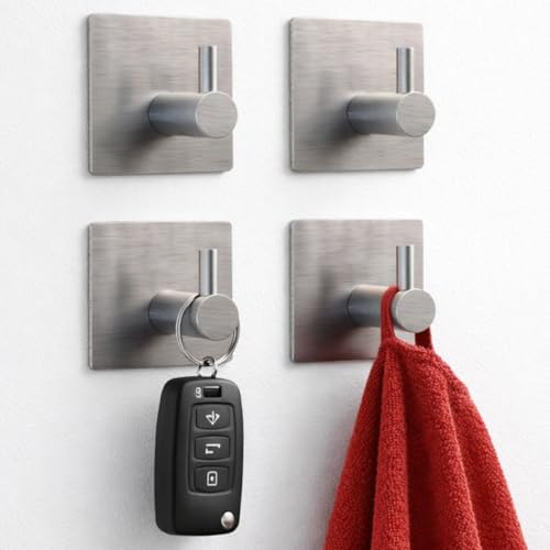 Kit 4 Ganchos Adesivos de Parede em Inox, Cinza, para Toalhas, Roupas e Cabides de Banheiro