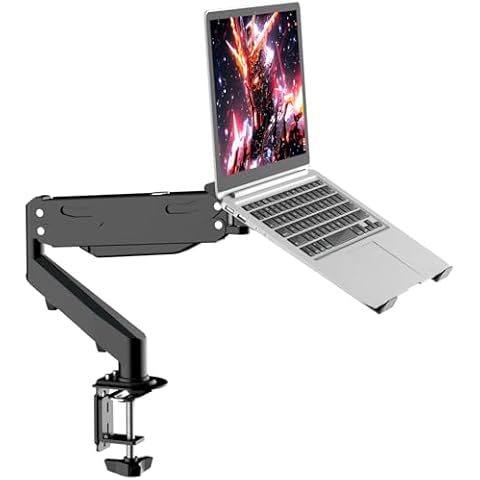 Pholiten Laptop Desk Mount with Gas Spring Arm, 2 in 1 Monitor Laptop Stand for 12-17 inch Notebook and 13-32 inch Computer Screen,Holds 22lbs. Full Motion Monitor Laptop Stand Mount with Vented Tray Cover